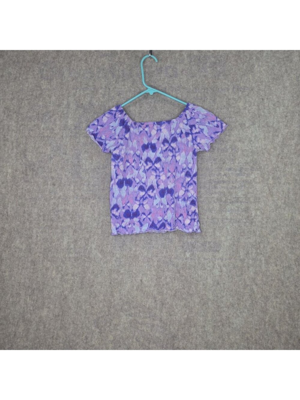 Purple Girls Off-Shoulder Cap Sleeve Top Floral Print Stretchy Smocked Small